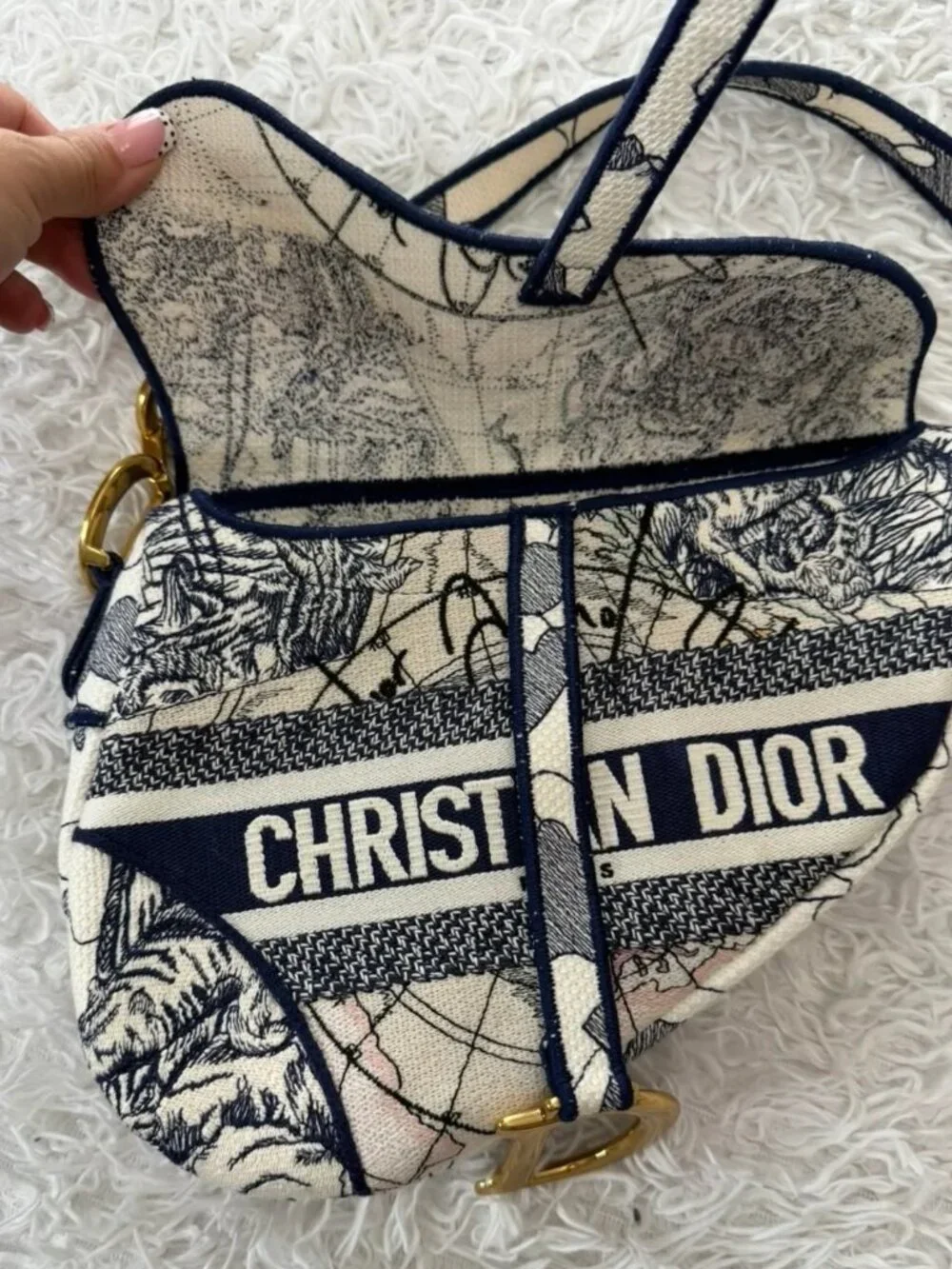 CHRISTIAN DIOR Canvas Embroidered Around the World Saddle Bag in Blue - Picture 12 of 13